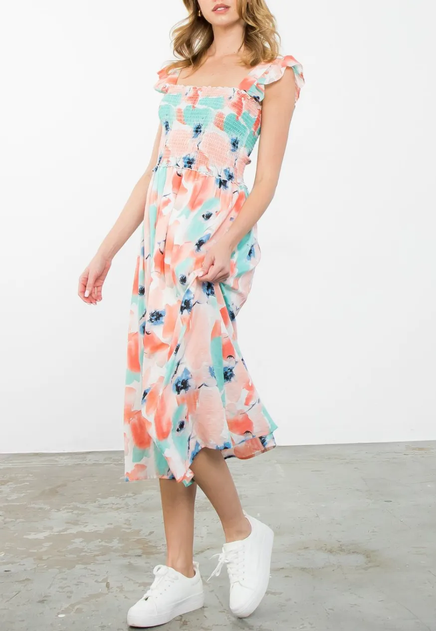 THML SMOCKED WATERCOLOR MIDI DRESS