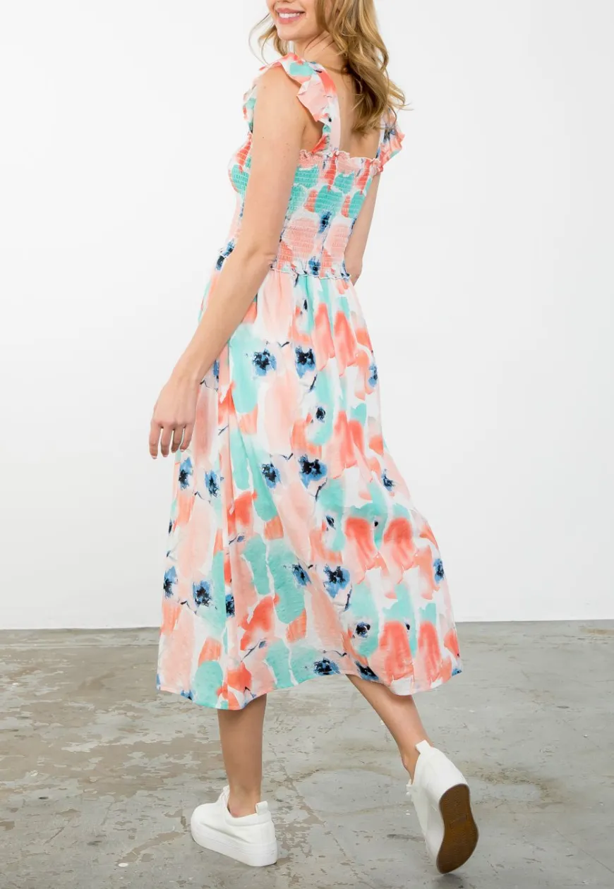 THML SMOCKED WATERCOLOR MIDI DRESS