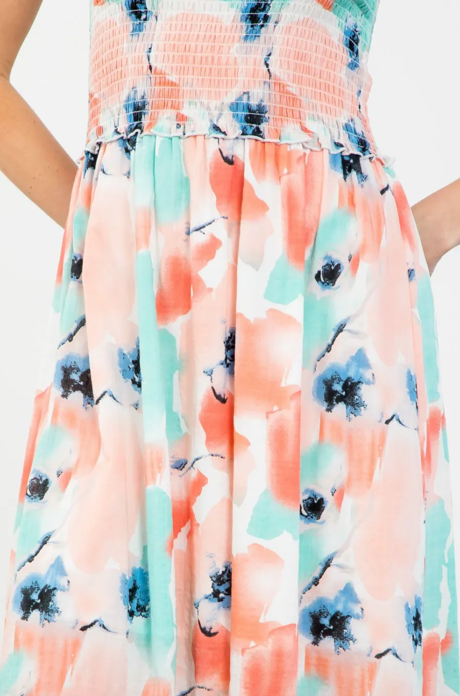 THML SMOCKED WATERCOLOR MIDI DRESS