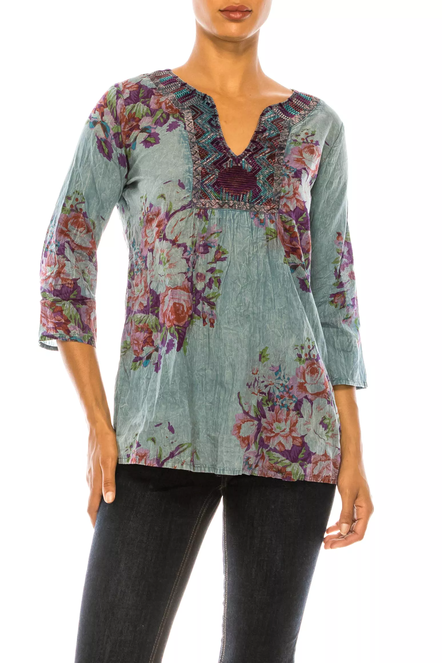 Vintage Blue Boho Floral Tunic with Embroidery