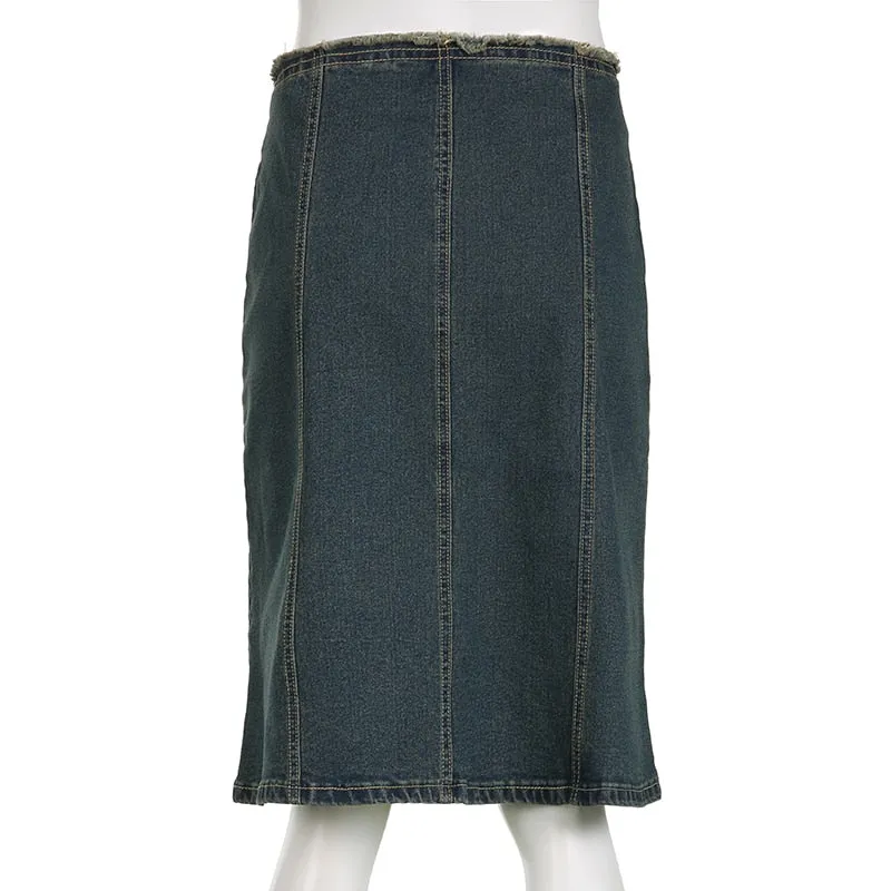 Vintage Casual Denim Low-Waisted Slim Bodycon Midi Skirts for Women