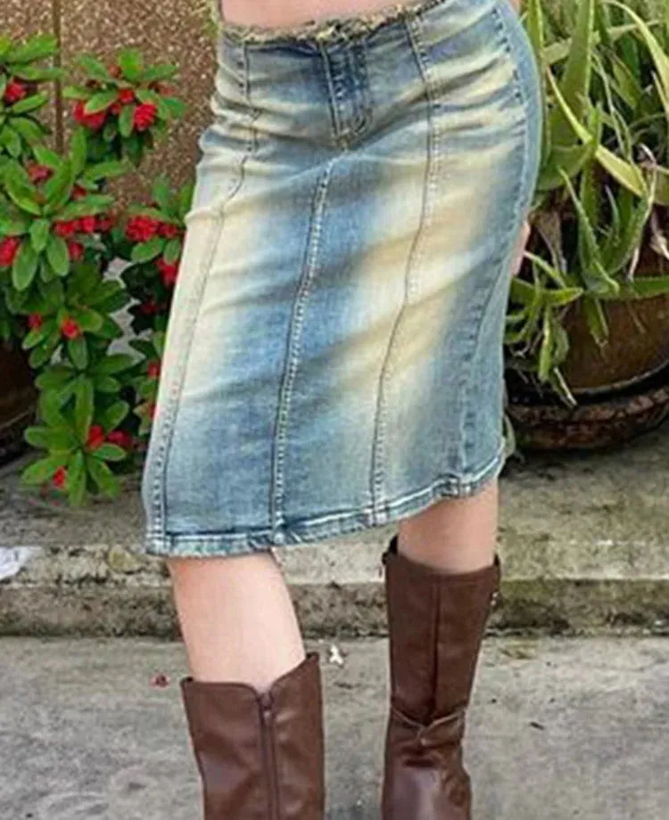 Vintage Casual Denim Low-Waisted Slim Bodycon Midi Skirts for Women