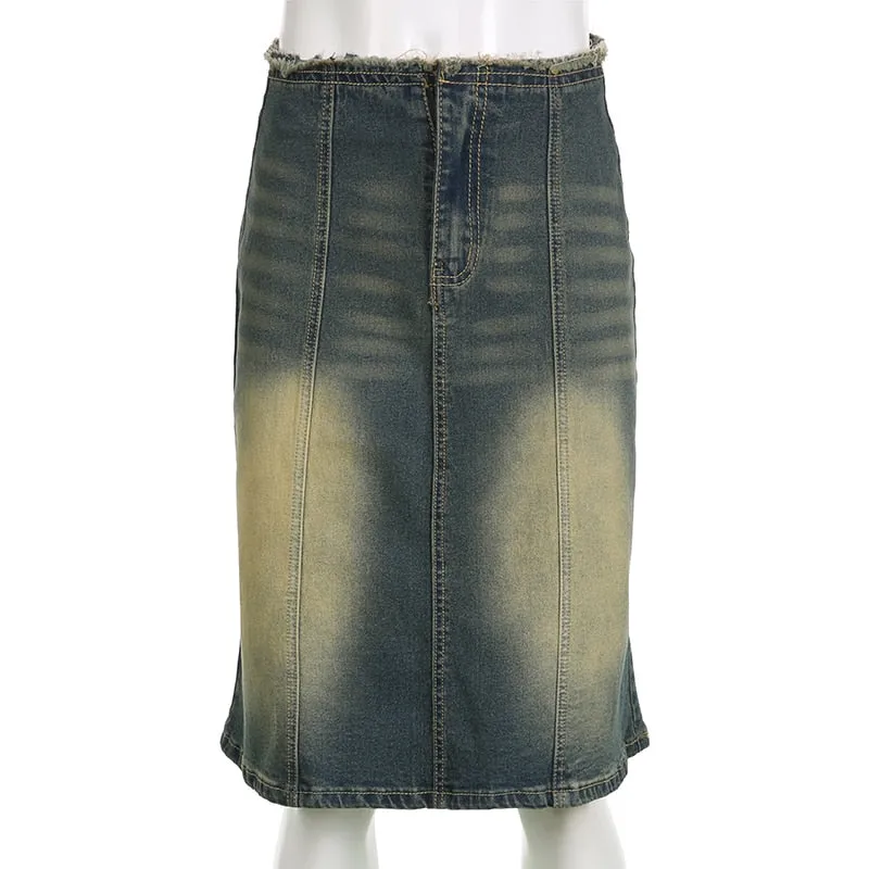 Vintage Casual Denim Low-Waisted Slim Bodycon Midi Skirts for Women