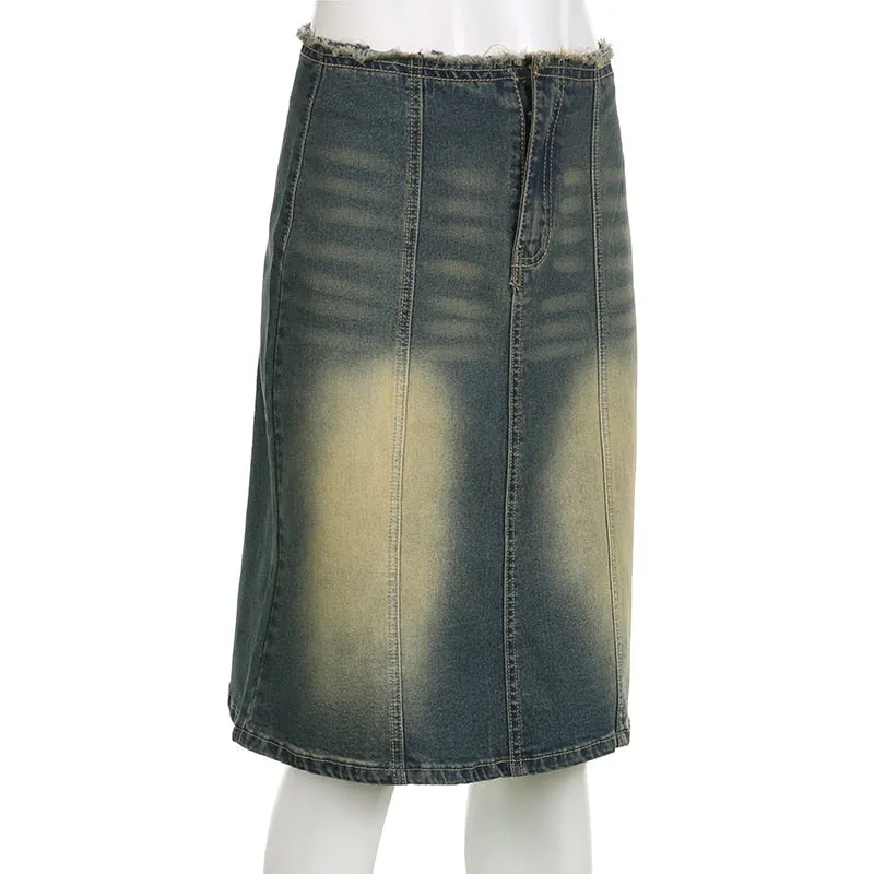 Vintage Casual Denim Low-Waisted Slim Bodycon Midi Skirts for Women