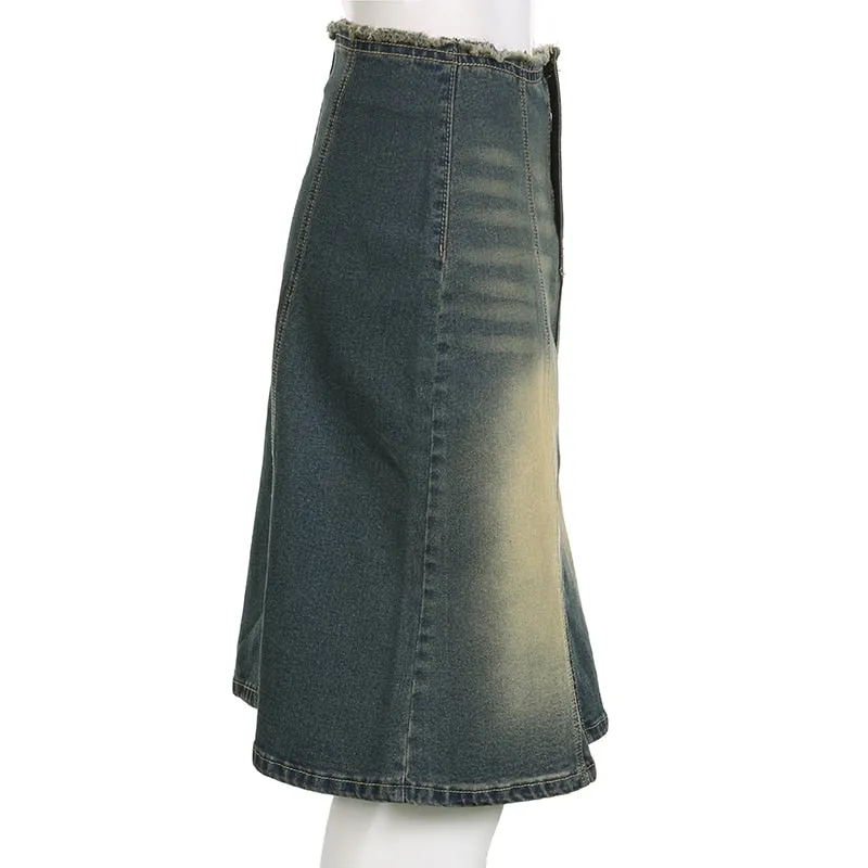 Vintage Casual Denim Low-Waisted Slim Bodycon Midi Skirts for Women