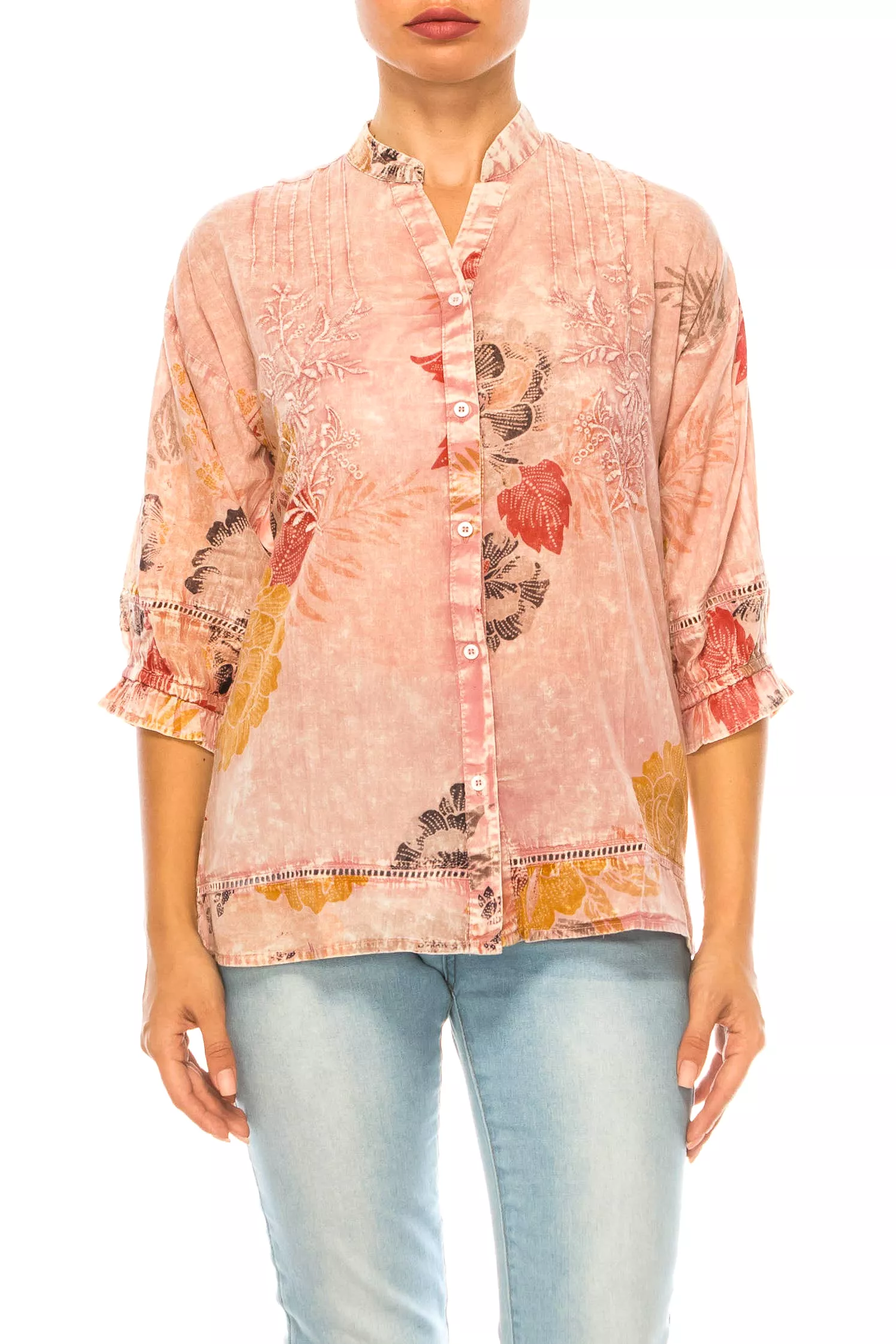 Vintage Floral Button Down Tunic with Embroidery and Lace