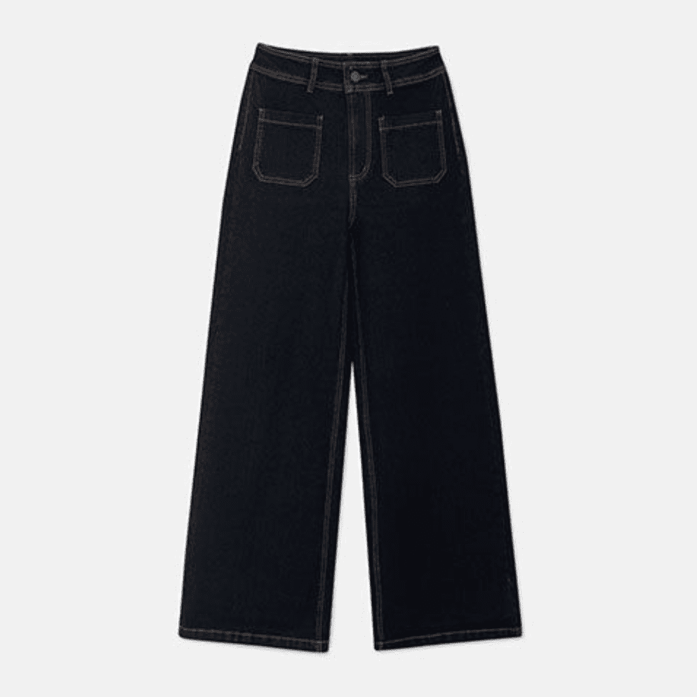 Wild Pony High Waist Wide Straight Leg Denim Pants in Dark Blue