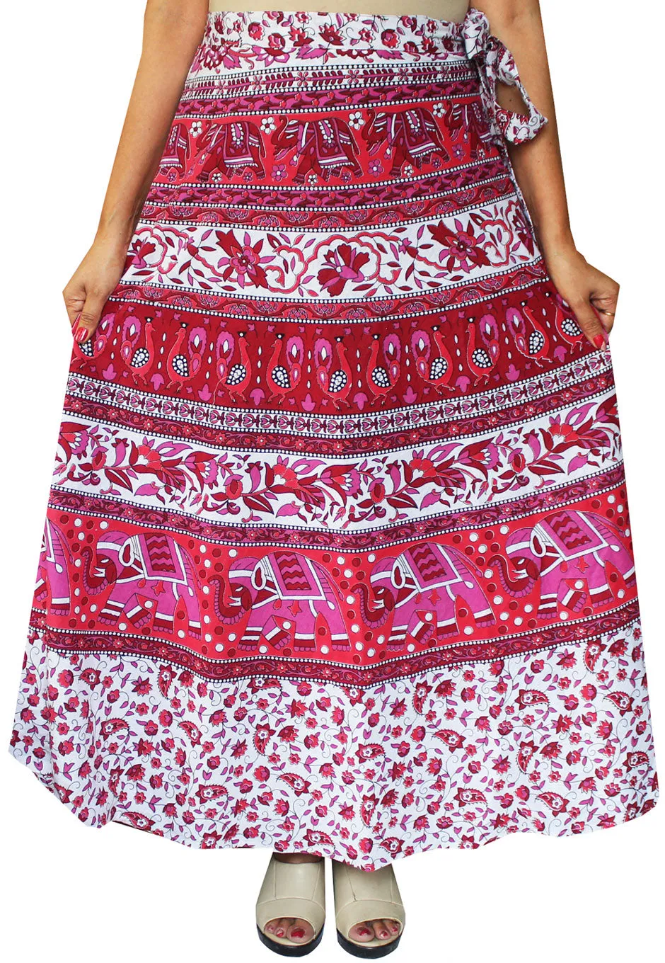 Women's Printed Long Indian Cotton Wrap Skirt (Pink, One Size)