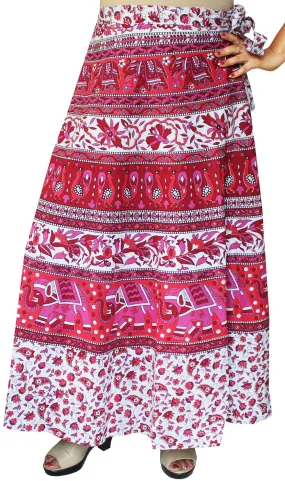 Women's Printed Long Indian Cotton Wrap Skirt (Pink, One Size)