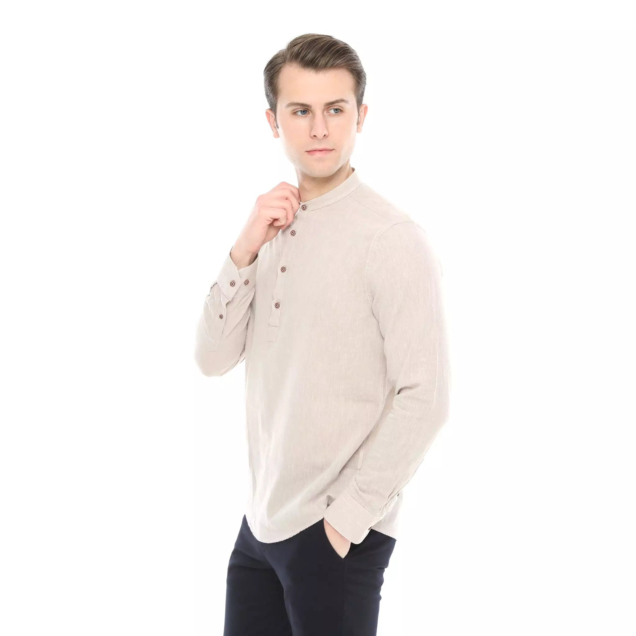 Xact Mens Cotton Linen Grandad Band Collar Tunic Shirt - Long Sleeved