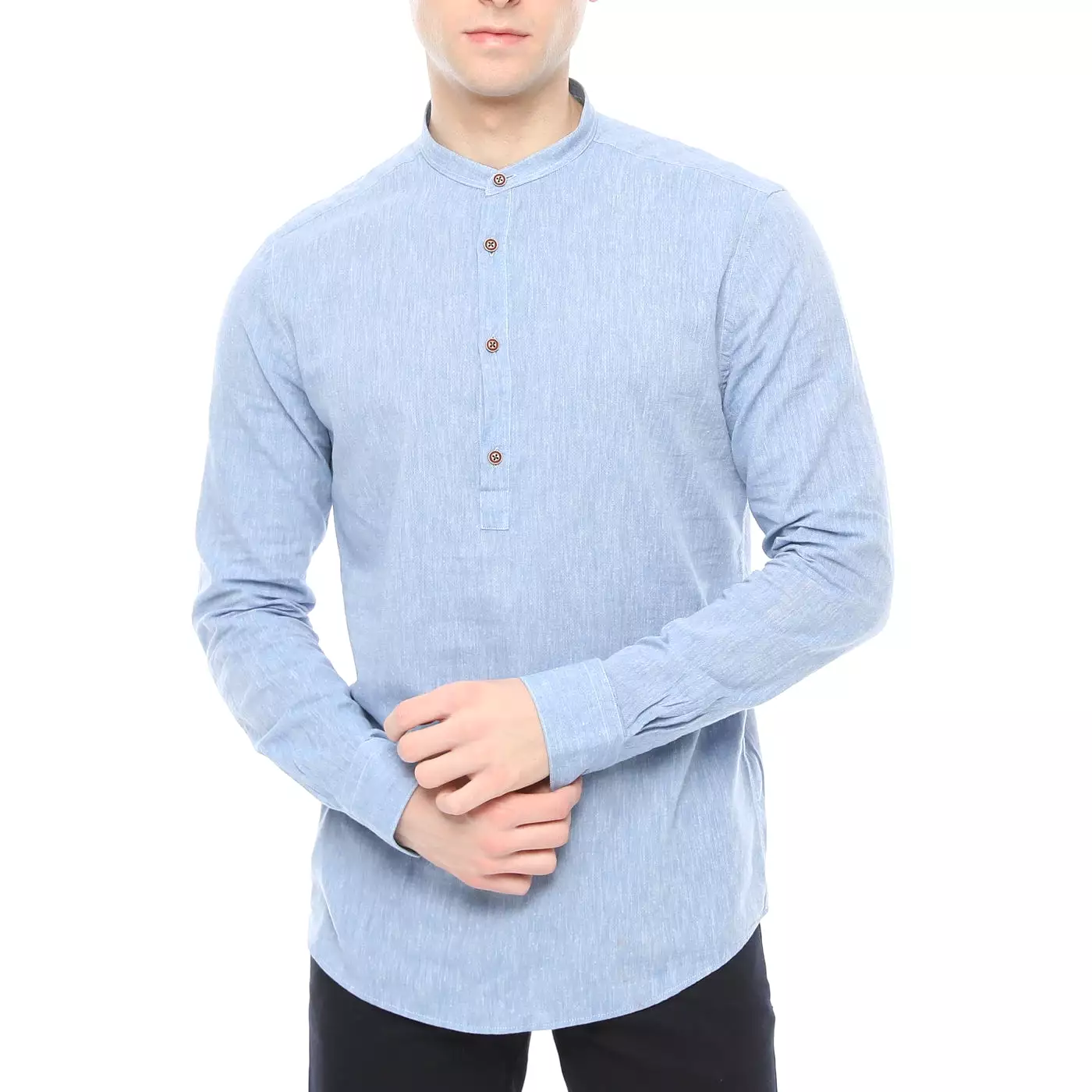 Xact Mens Cotton Linen Grandad Band Collar Tunic Shirt - Long Sleeved