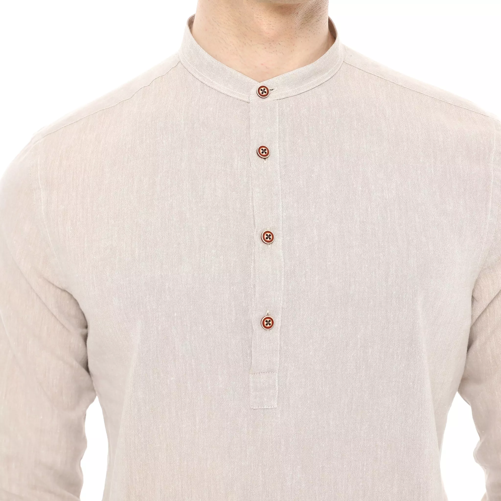 Xact Mens Cotton Linen Grandad Band Collar Tunic Shirt - Long Sleeved