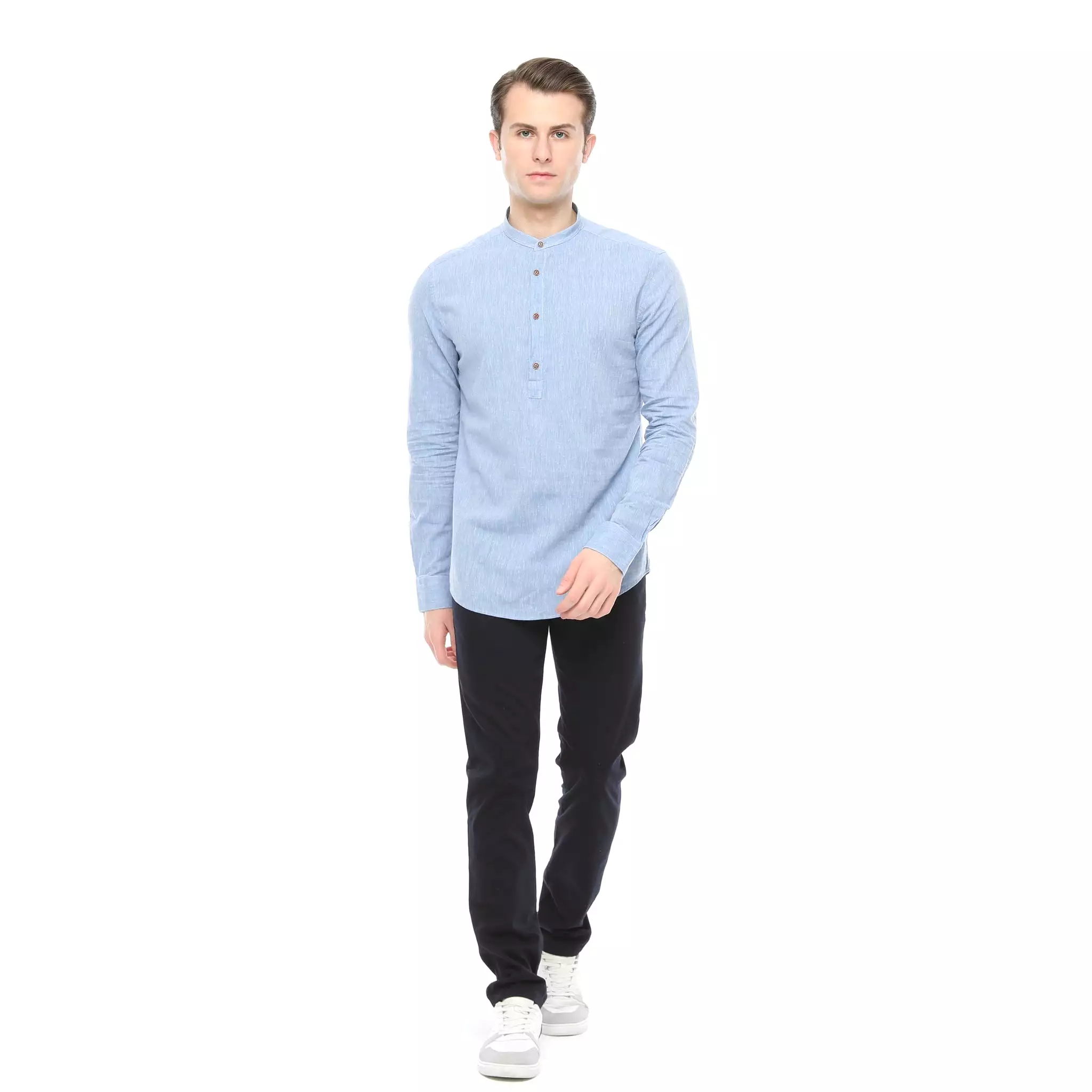 Xact Mens Cotton Linen Grandad Band Collar Tunic Shirt - Long Sleeved