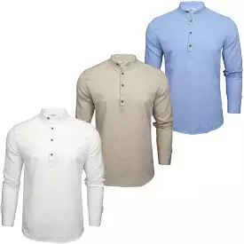 Xact Mens Cotton Linen Grandad Band Collar Tunic Shirt - Long Sleeved