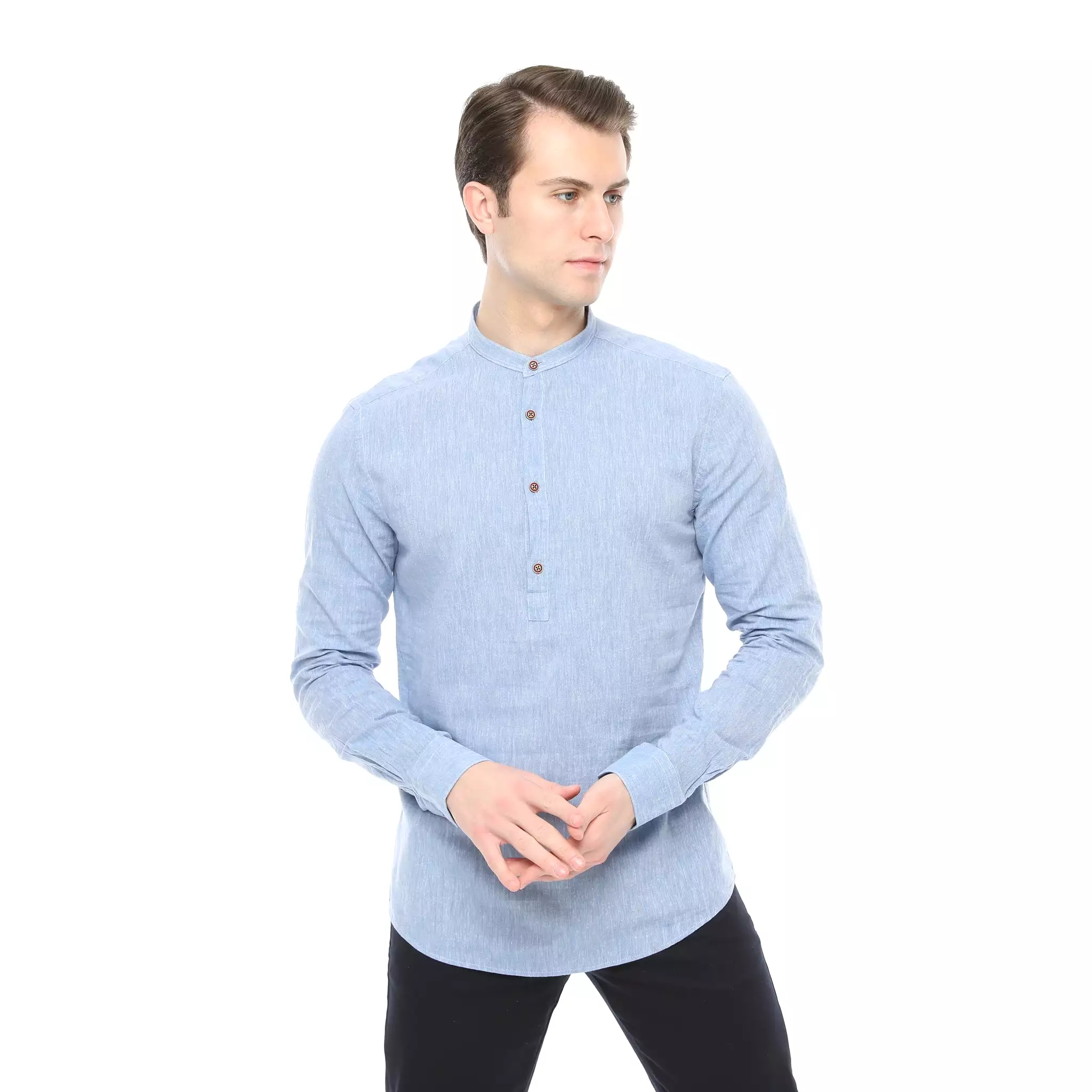 Xact Mens Cotton Linen Grandad Band Collar Tunic Shirt - Long Sleeved