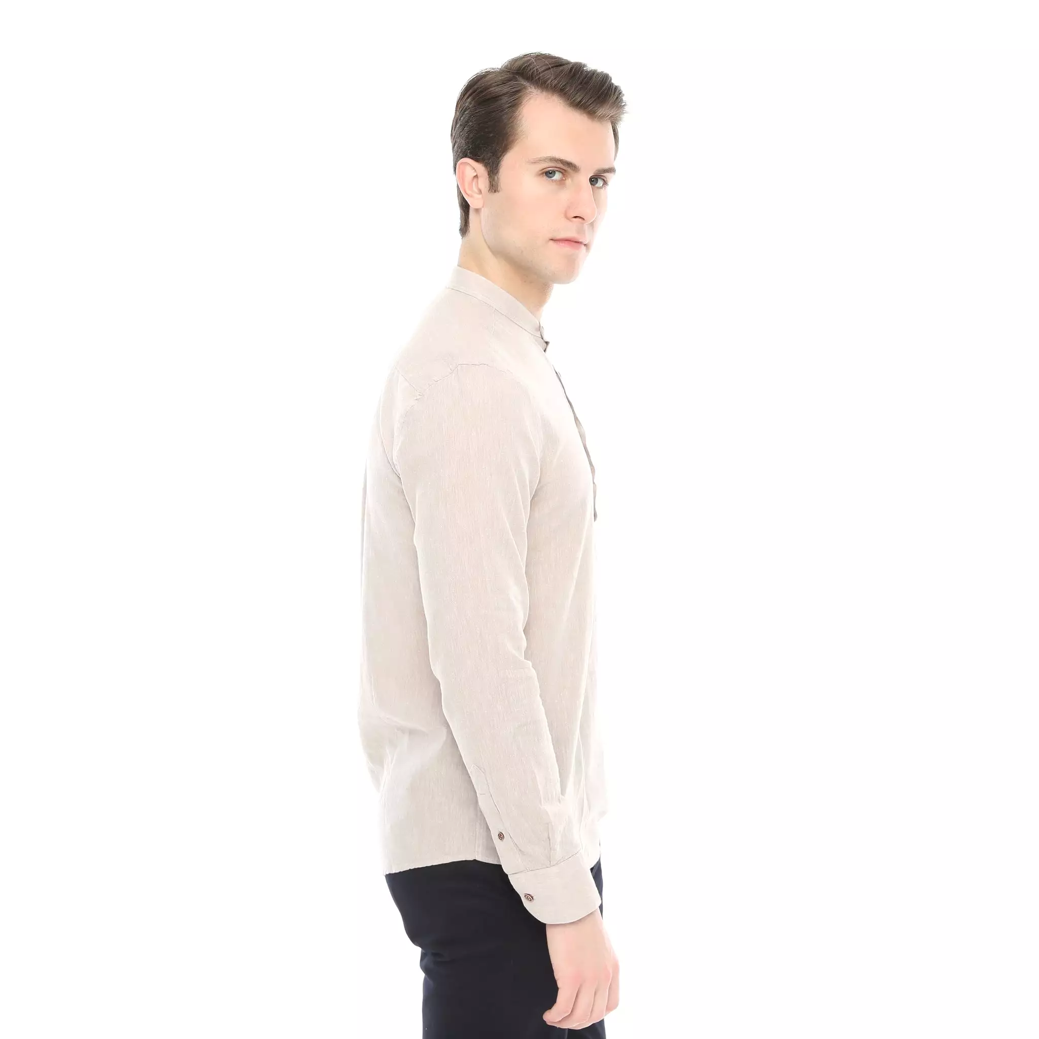 Xact Mens Cotton Linen Grandad Band Collar Tunic Shirt - Long Sleeved